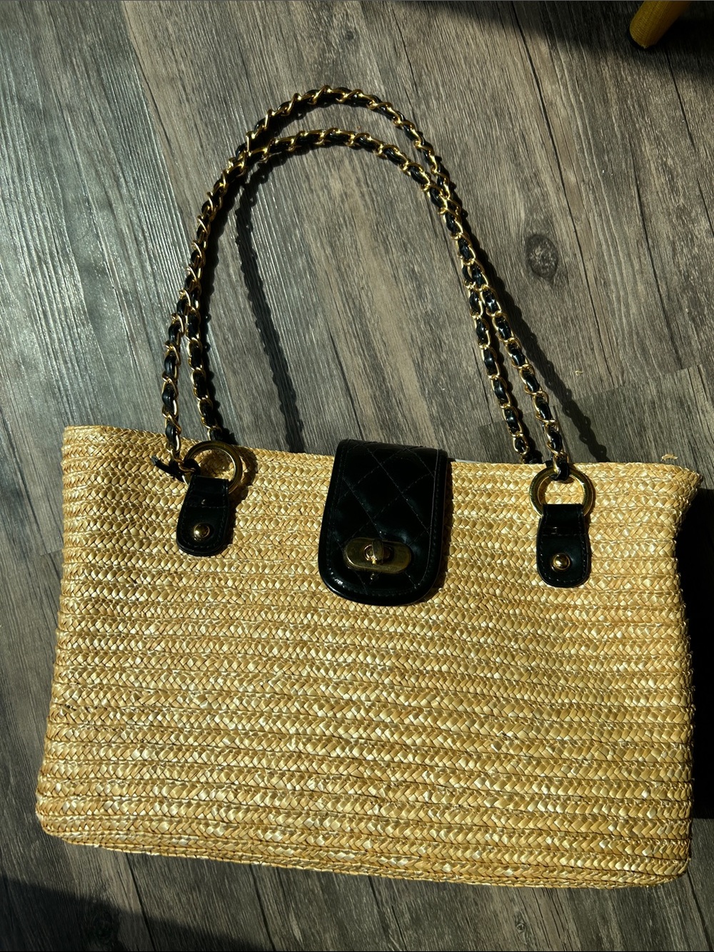 Woven Straw Tote with Black Trim and Chain Handles